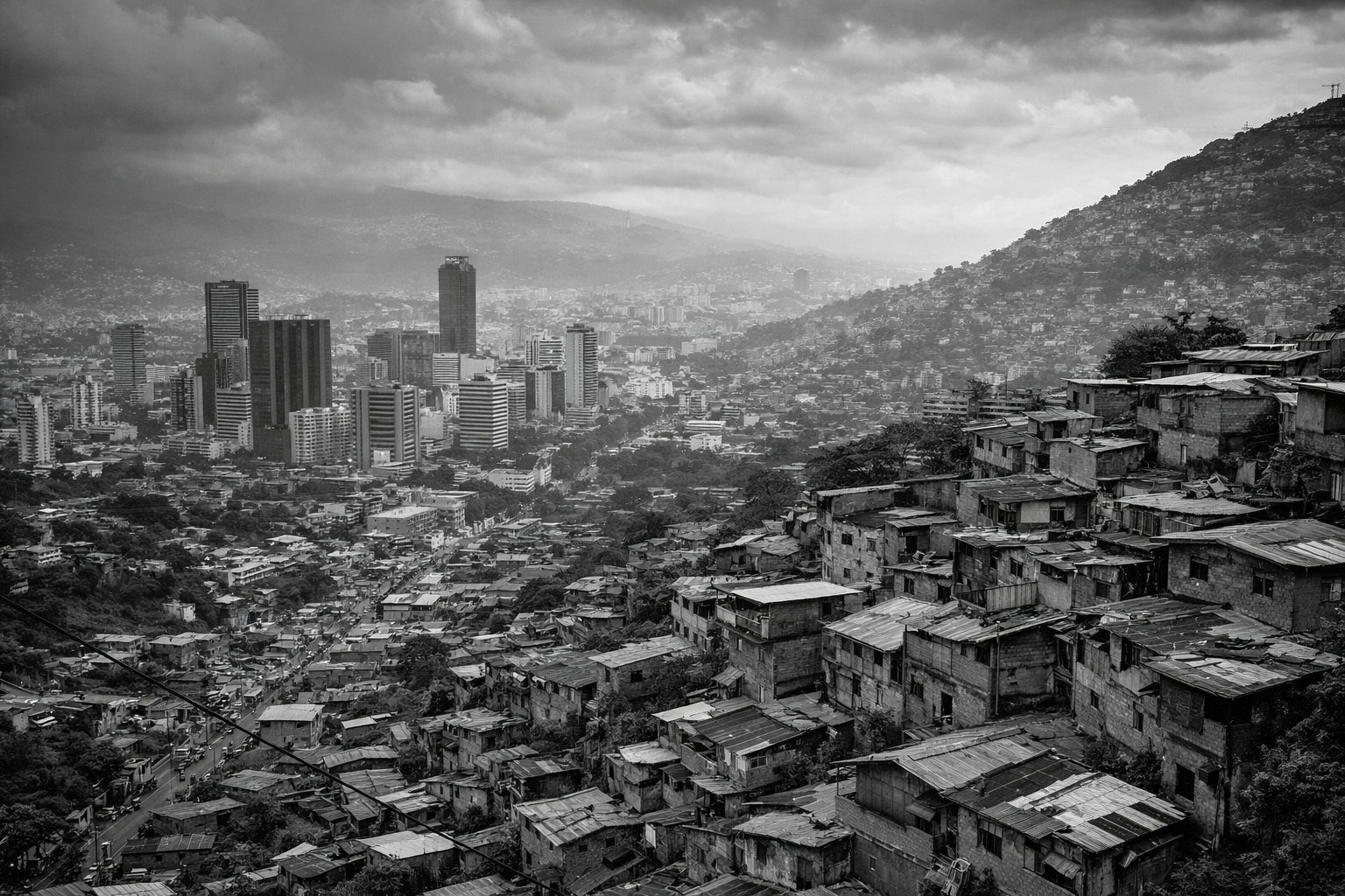 Paisaje urbano en blanco y negro que representa las realidades estructurales del marketing digital en América Latina