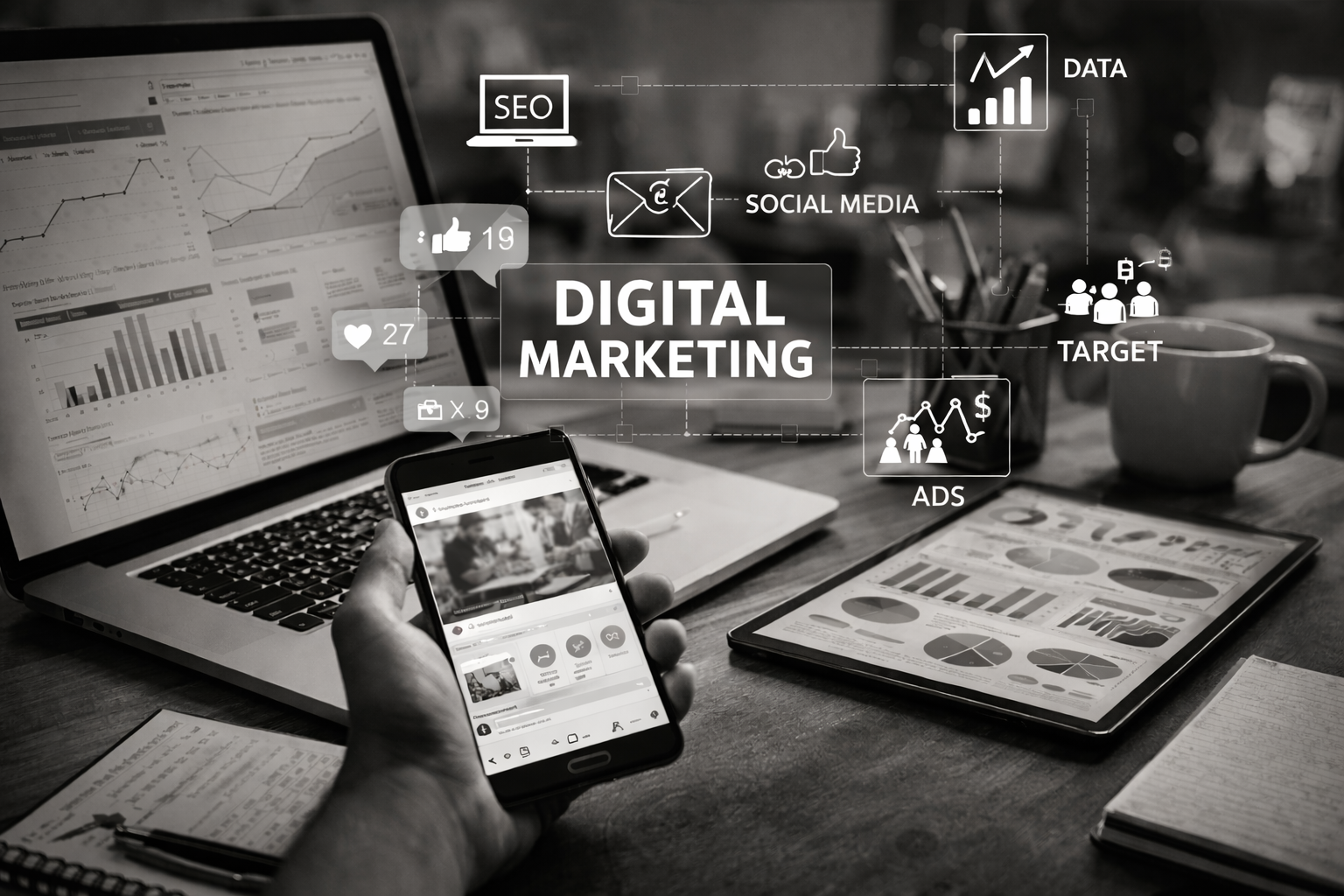 Black and white image representing digital marketing strategy and decision-making challenges in El Salvador