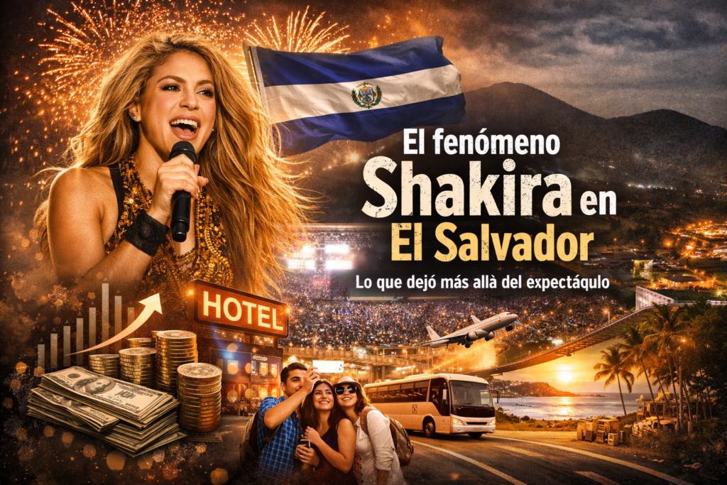Imagen conceptual del impacto de la residencia de Shakira en El Salvador, con estadio lleno, turistas, hotel, avión y símbolos de crecimiento económico y turismo.