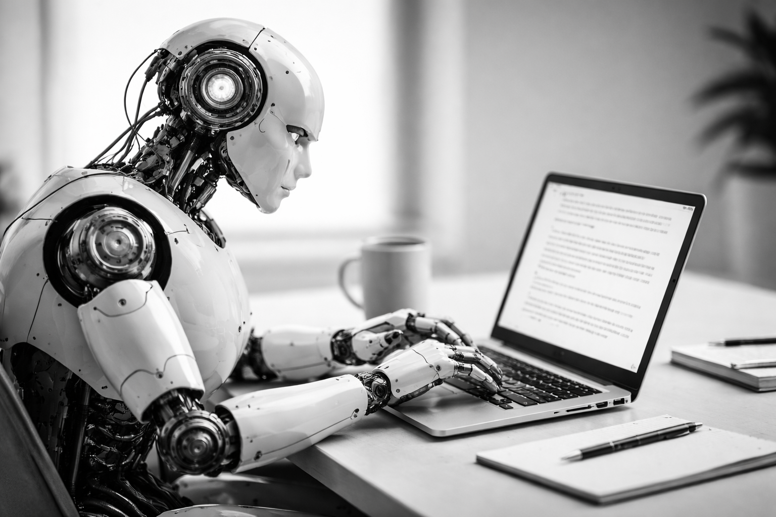 Robot escribiendo en una computadora portátil como representación del contenido generado por inteligencia artificial.